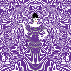 The pattern on a woman's dress blends with the background of the image.