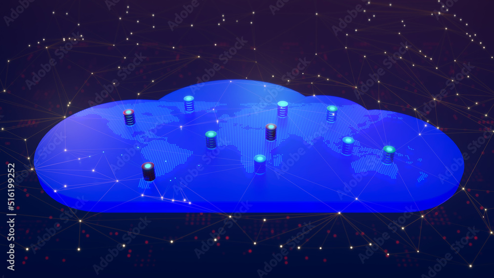Poster multiple database is placed on cloud digital dotted world map. concept of a cloud database storage n