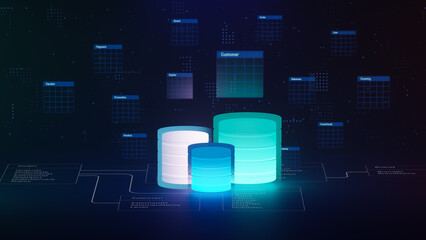 Multiple database is placed on Relational database tables. Concept of database server, SQL, data storage, database diagram design, Data center, Webhosting. 3D rendering.