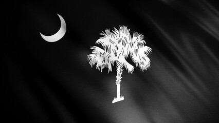 Black and white Realistic South Carolina USA flag waving in the wind, seamless loop. Animation. Flag with a half moon and a palm tree, monochrome.