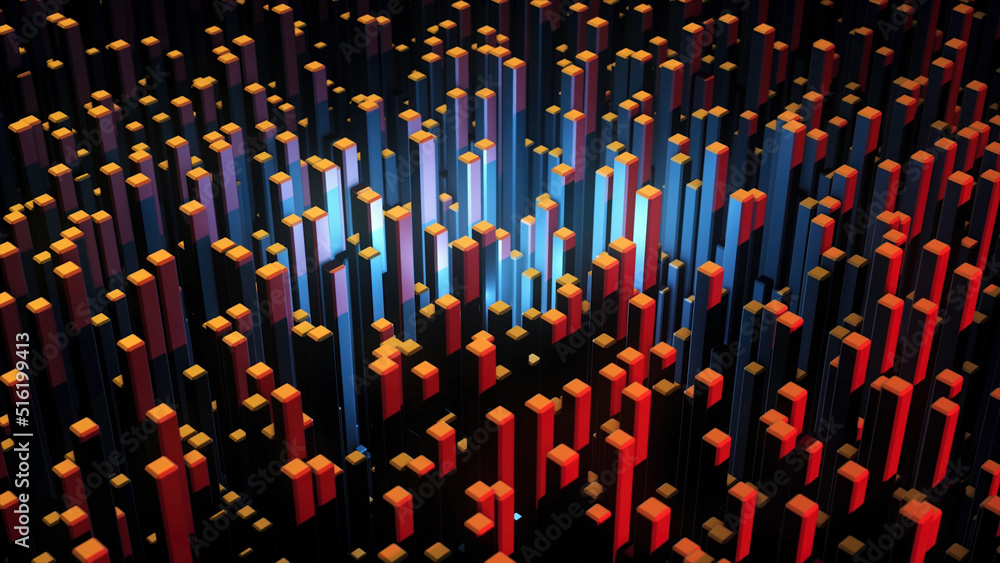 Poster many abstract rectangular blocks, optical illusion, modern computer generated 3d backdrop. animation