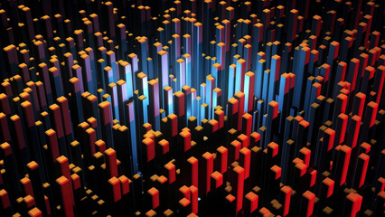 Many abstract rectangular blocks, optical Illusion, modern computer generated 3D backdrop. Animation. Many red growing volume figures on black background.