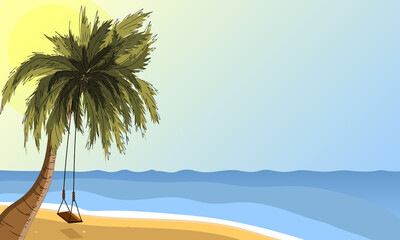 Fototapeta na wymiar A palm tree is not by the ocean, a swing on a palm tree.