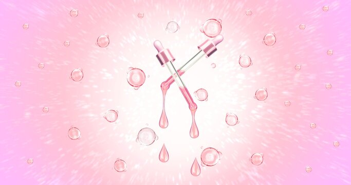 3d Illustration Rose Stretching Oil In Bubbles In Pink Tones. Woman Anti Aging Concept. Advertising Rejuvenation, Cosmetology, Biological Additives, Stem Cell Storage And The Birth Of A New Life