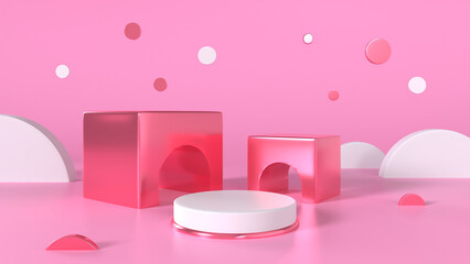 3d render Pink cylinder podium is placed on a pink background. The background is geometric, white and pink.