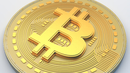 Bitcoib BTC cryptocurrency gold coin close up. 3d Illustration