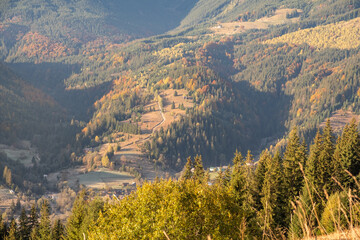 Beautiful view of mountains in Ukraine. Wonderful panoramic landscape with autumn forest on a sunny day.