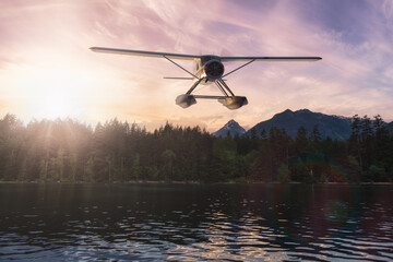 Seaplane flying over a Lake, trees and mountains in Canadian Landscape. 3D Rendering Artwork. Background from Chilliwack Lake, British Columbia, Canada.