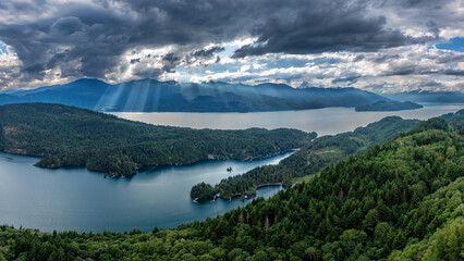 Aerial panorama view of the Harrison Lake and the Long Island, Kent, British Columbia, Canada - obrazy, fototapety, plakaty