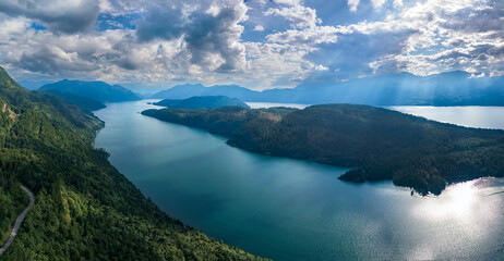 Aerial panorama view of the Harrison Lake and the Long Island, Kent, British Columbia, Canada