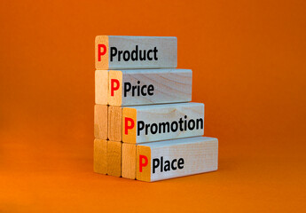 PPPP product price promotion place symbol. Concept words PPPP product price promotion place on wooden blocks on beautiful orange background. Business and PPPP product price promotion place concept.