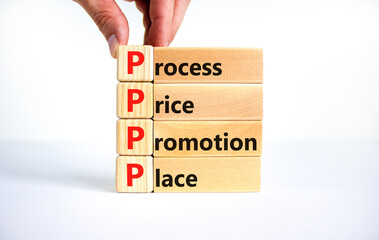 PPPP process price promotion place symbol. Concept words PPPP process price promotion place on blocks on beautiful white background. Business and PPPP process price promotion place concept.