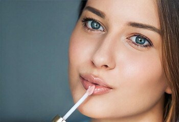 Beauty, makeup and skincare cosmetics model face portrait, beautiful woman applying lip gloss,...