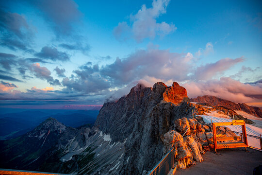 Summer sunrise in the Alps on the top of the Dachstein 3000 m. © Sergei