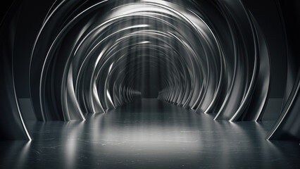 The long abstract corridor with light spots on the ground.3d rendering.