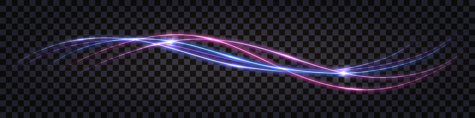 Neon glowing swirl wave, electric light effect. Purple and blue curve lines, cyber technology, fiber optic, isolated design element on dark transparent background.  Vector illustration