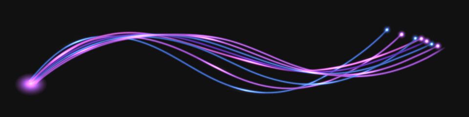 Fiber optic network technology; neon purple glowing wave swirl, thunder bolt, impulse cable lines. isolated on dark background. vector illustration