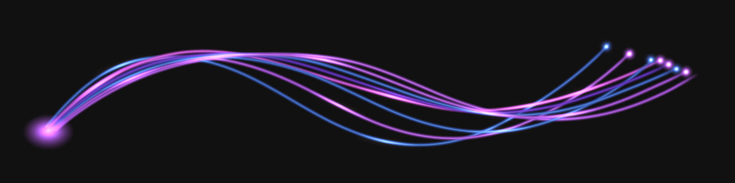 Fiber Optic Network Technology; Neon Purple Glowing Wave Swirl, Thunder Bolt, Impulse Cable Lines. Isolated On Dark Background. Vector Illustration