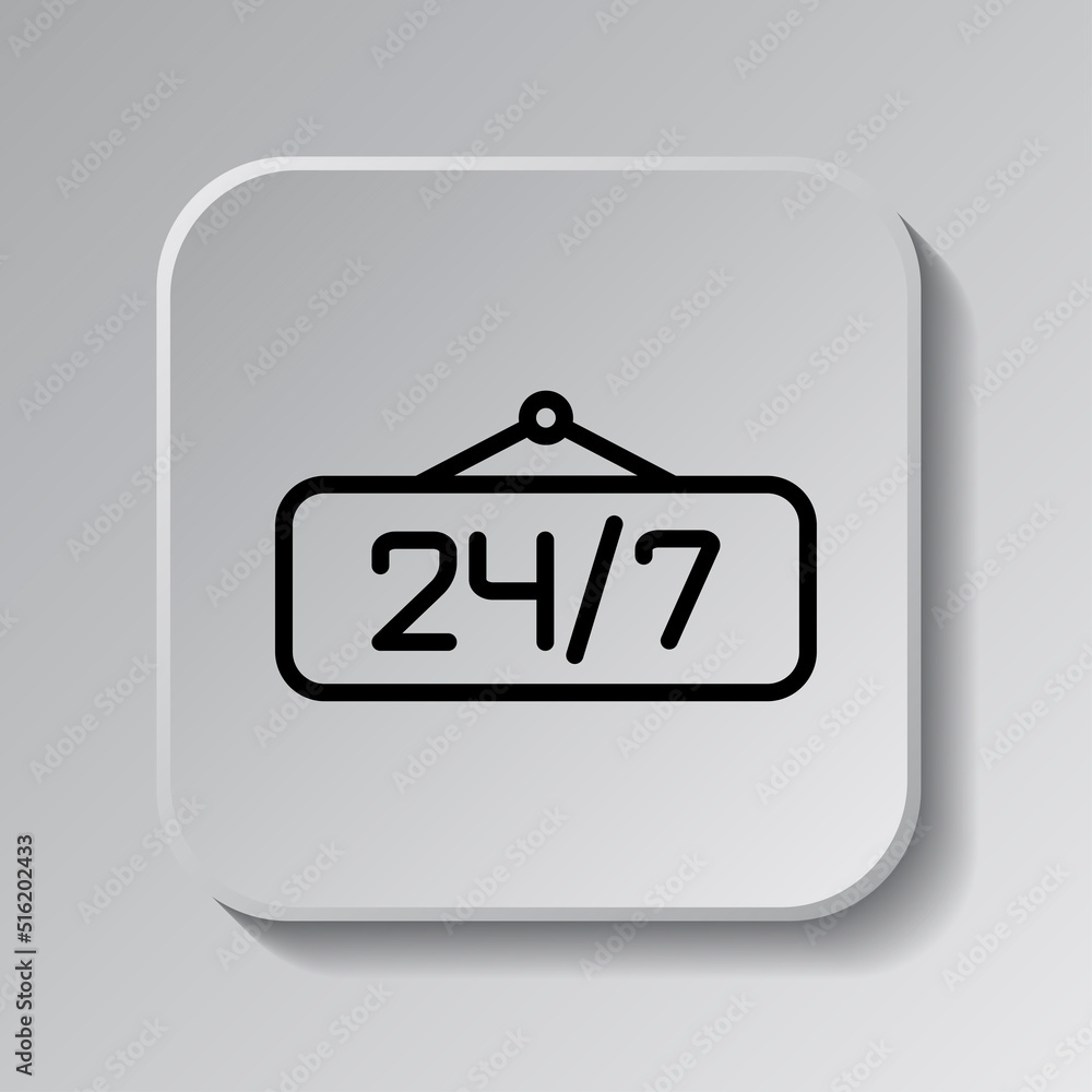 Poster 24h hours a day and 7 days a week icon, vector. flat design. black icon on square button with shadow