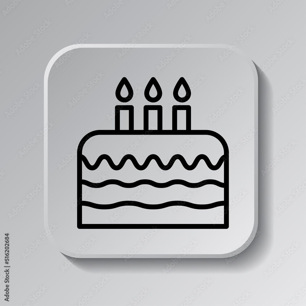 Poster cake, birthday simple icon vector. flat design. black icon on square button with shadow. grey backgr