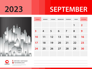 September 2023 year- Calendar 2023 template, Desk Calendar 2023 year, Week Start On Sunday, Wall calendar design, sample Planner, Stationery, Poster, printing media, red background