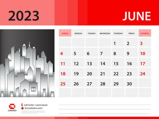 June 2023 year- Calendar 2023 template, Desk Calendar 2023 year, Week Start On Sunday, Wall calendar design, sample Planner, Stationery, Poster, printing media, red background
