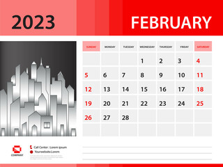 February 2023 year- Calendar 2023 template, Desk Calendar 2023 year, Week Start On Sunday, Wall calendar design, sample Planner, Stationery, Poster, printing media, red background