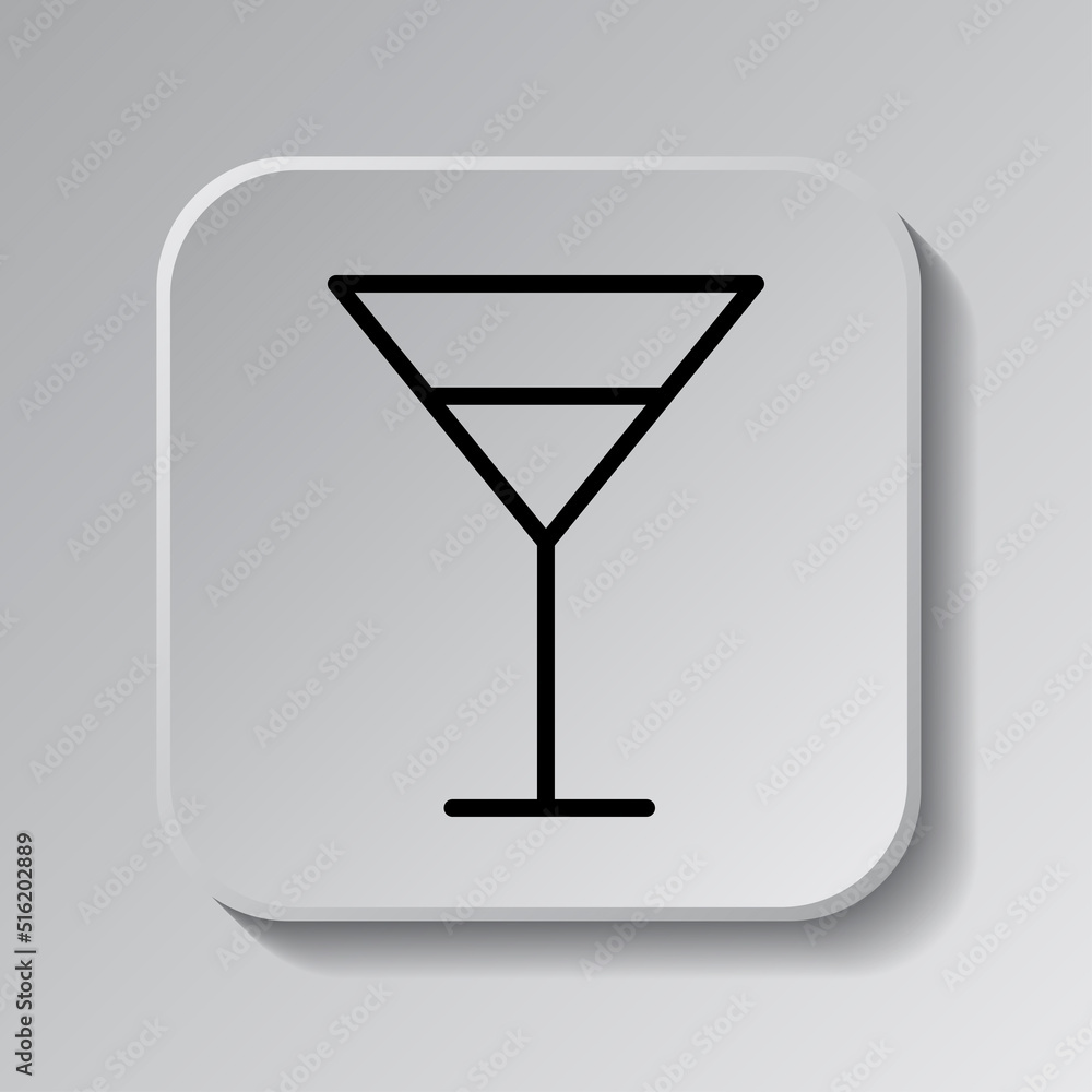 Poster cocktail glass simple icon vector. flat design. black icon on square button with shadow. grey backgr
