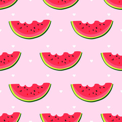 Pieces of watermelon. Seamless cute pattern. Summer vibes. Red watermelon on a pink background. Vector.
