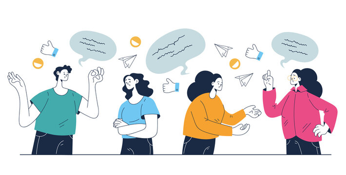 People colleague man woman characters talking discussion and having dialog concept. Vector flat graphic design element illustration