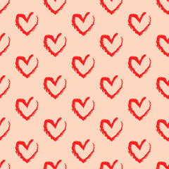 Pattern of crayon hearts hand drawn vector sketch. Seamless heart art background hand drawn by wax crayon drawing. Romantic symbols for love greeting valentines elements.