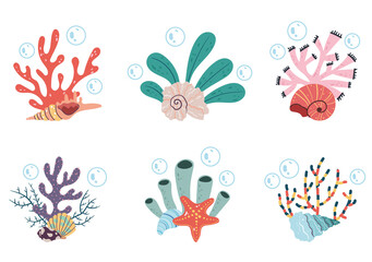 Seaweed on sea bottom isolated set. Vector flat cartoon graphic design illustration