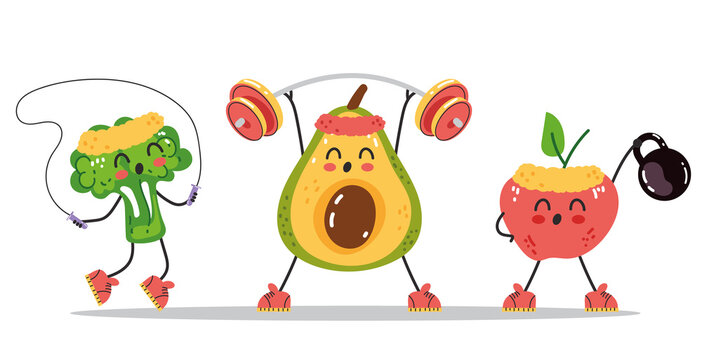 Sporty avocado broccoli apple character making exercise in gym composition. Vector flat graphic design element illustration
