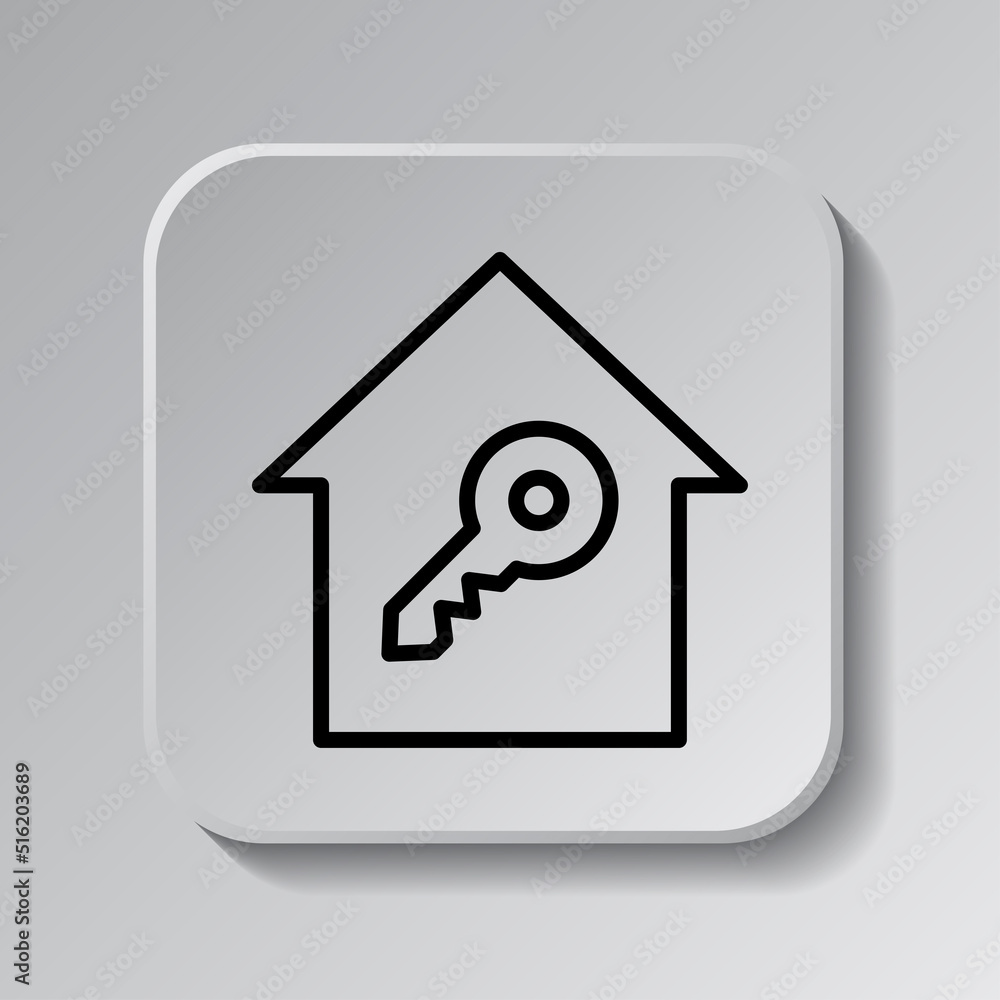 Poster key, house simple icon, vector. flat desing. black icon on square button with shadow. grey backgroun