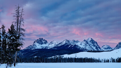 Sawtooth mountains of Idaho in winter with sunrise colors