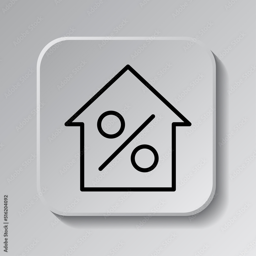 Poster percent, house simple icon vector. flat desing. black icon on square button with shadow. grey backgr