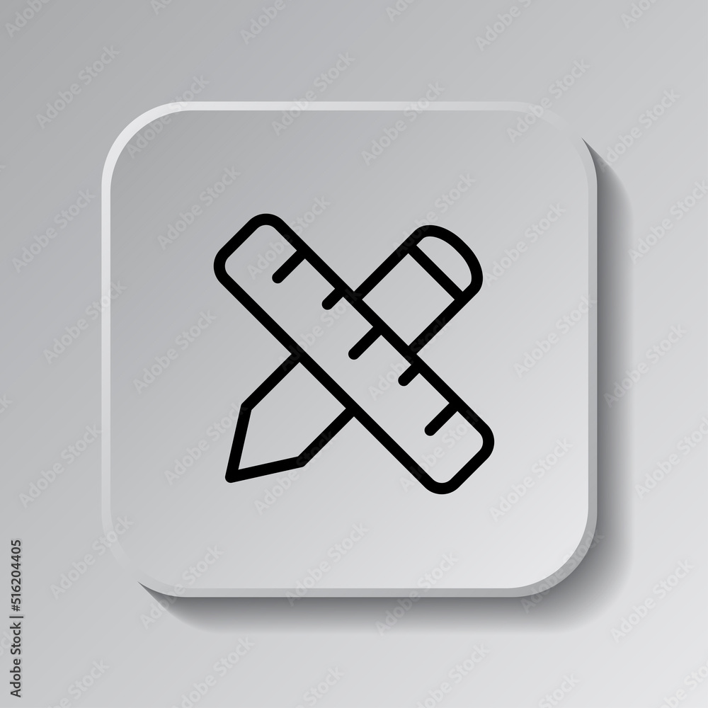 Poster ruler, pen simple icon vector. flar design. black icon on square button with shadow. grey background