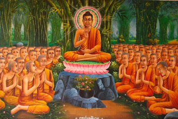 Fotobehang Painting depicting Buddha teaching to monks © Julian