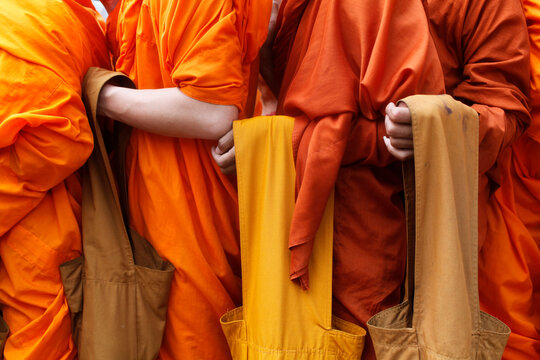 Monks lining to receive alms on Meak Bochea (Makha Bucha) holiday