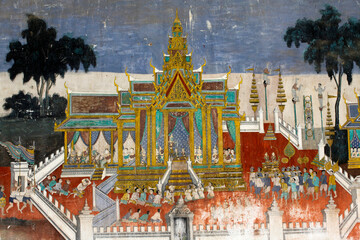 The interior of the Silver pagoda compound walls is covered with murals depicting stories from the  Khmer version of the classic Indian epic, the Ramayana.  © Julian