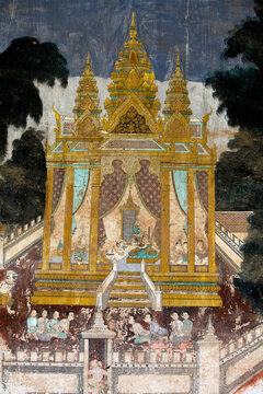 Interior of the Silver pagoda compound walls covered with murals depicting stories from the Khmer version of the classic Indian epic, the Ramayana. 