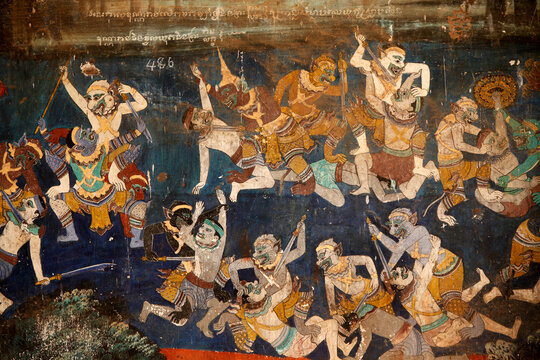 The interior of the Silver pagoda compound walls is covered with murals depicting stories from the Reamker, i.e. the Khmer version of the classic Indian epic, the Ramayana. 