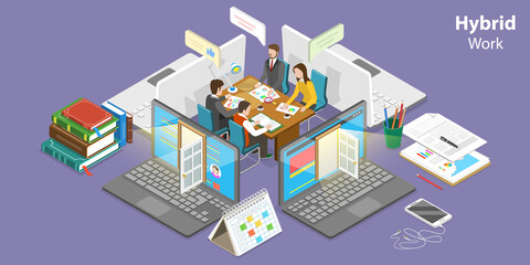 Obraz premium 3D Isometric Flat Vector Conceptual Illustration of Hybrid Work, Telework and Job From Home