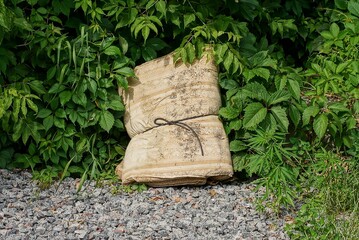 garbage from one dirty old brown mattress in a roll stands on gray ground in green vegetation on...