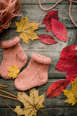 Finished knitting project, soft and unique handmade socks for newborn baby, made of premium alpaca wool yarn, on dark wooden background, dry autumn leaves and walnuts on the table