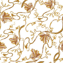 Elegant golden floral elements fairytale watercolor seamless background pattern.