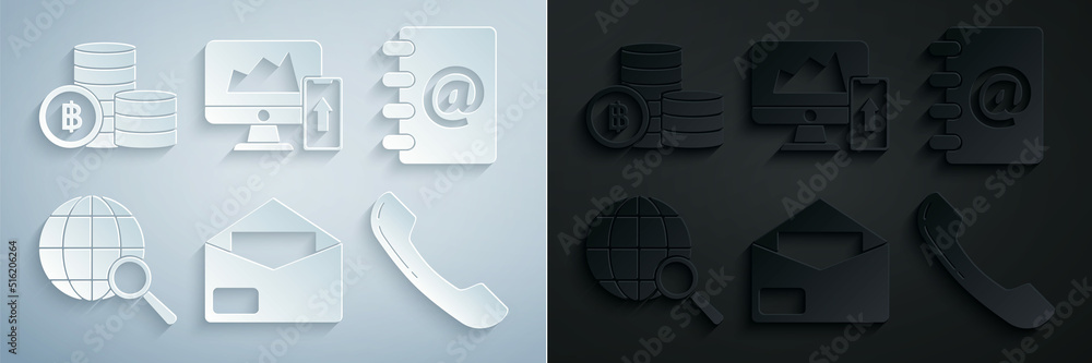 Poster set envelope, address book, magnifying glass with globe, telephone handset, financial chart or graph