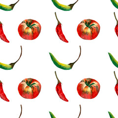 Pattern tomato and peppers by a watercolour. On isolated white background. Illustration, isolated, hand drawn. Perfect for card design, invitation, scrapbooking, fabric printing