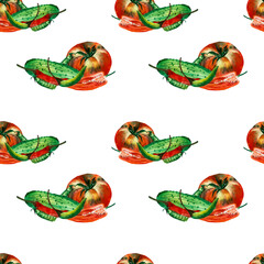 Obraz premium Hand drawn watercolor pattern of vegetables - tomato, cucumber, peppers and pea. isolated. For card design, invitation, scrapbooking, fabric printing
