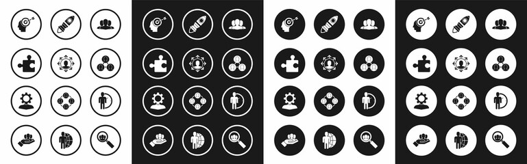 Set Users group, Project team base, Piece of puzzle, Head hunting concept, Rocket ship with fire, Time Management and Human gear inside icon. Vector